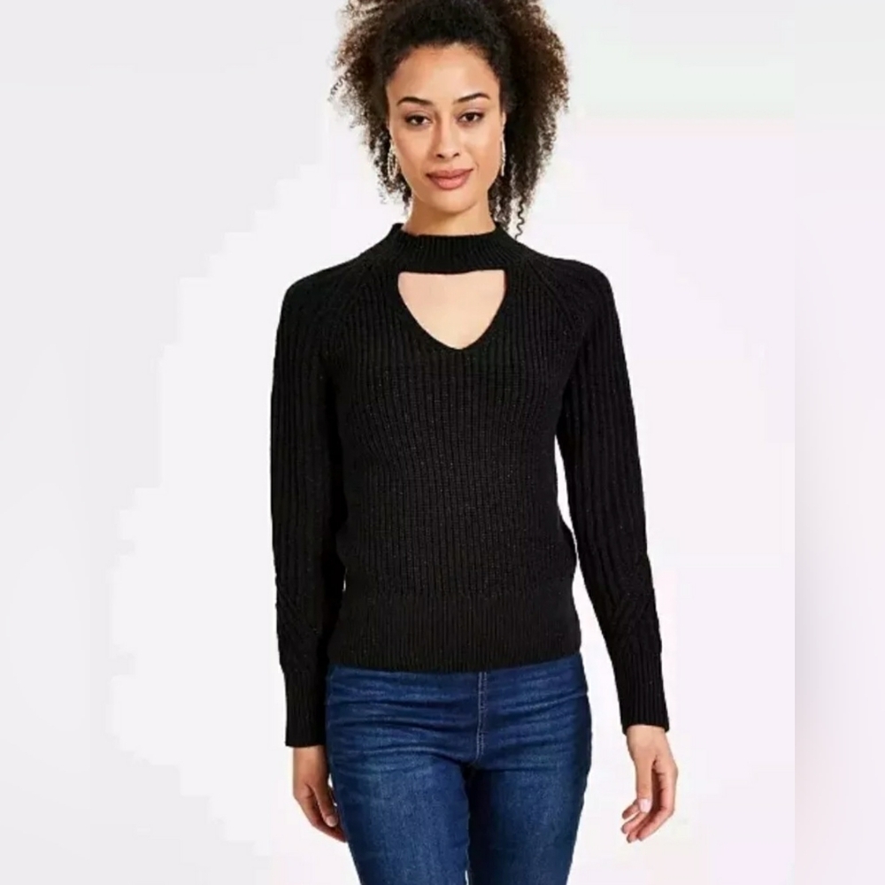 I.n.c. International Concepts Women's Ribbed Keyhole Cutout Sweater Black